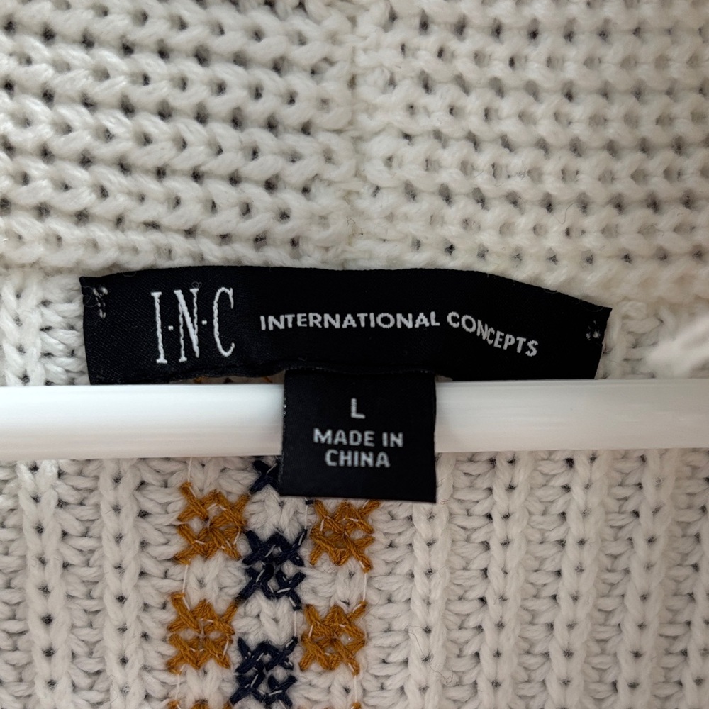 INC International Concepts Cream Knit Shawl-Collar Cardigan with Paisley Trim - Picture 2 of 5